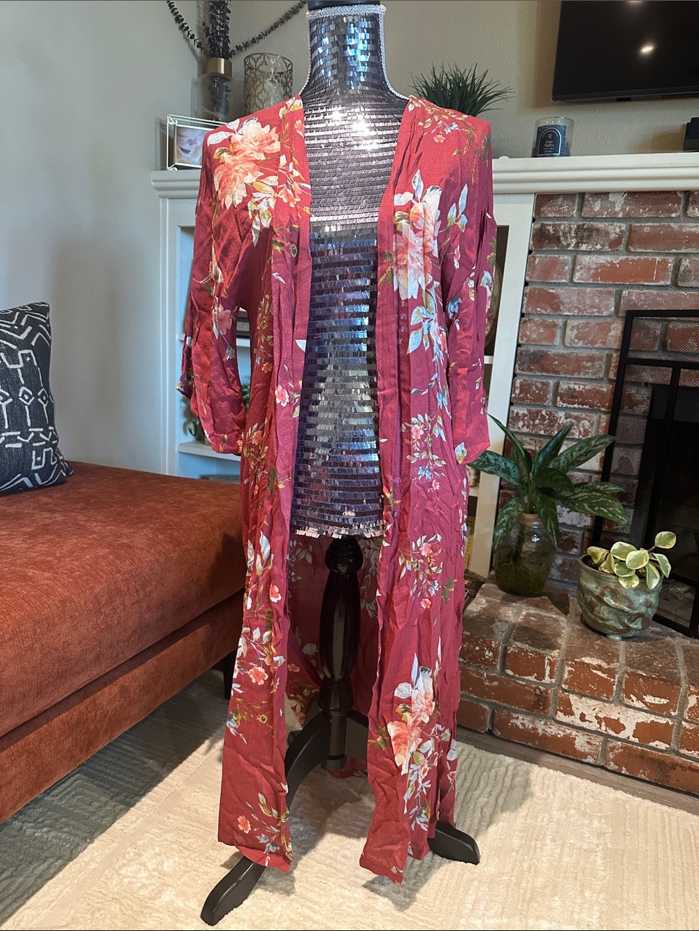 h.i.p. Floral Open-Front Long Duster in Deep Rose